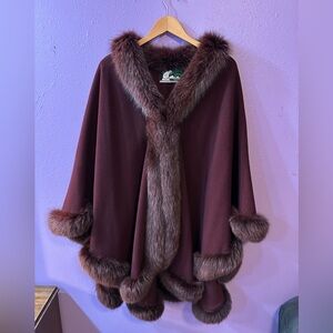 SOLD- Vintage Burgundy Fur Trimmed Cape - David Green Furs